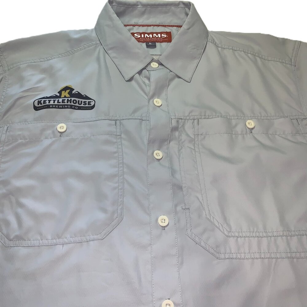 Simm's Fishing Shirt, Men's Large, Light Gray with Kettlehouse Brewing Co. logo